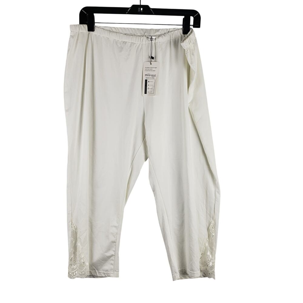 Meaneor Women's 3XL High Rise Lace Accent Pull On Capri Pants White Coastal‎ New